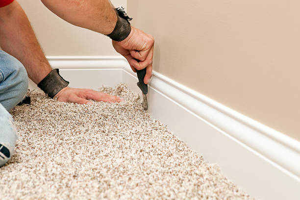 Man cleaning carpets in home